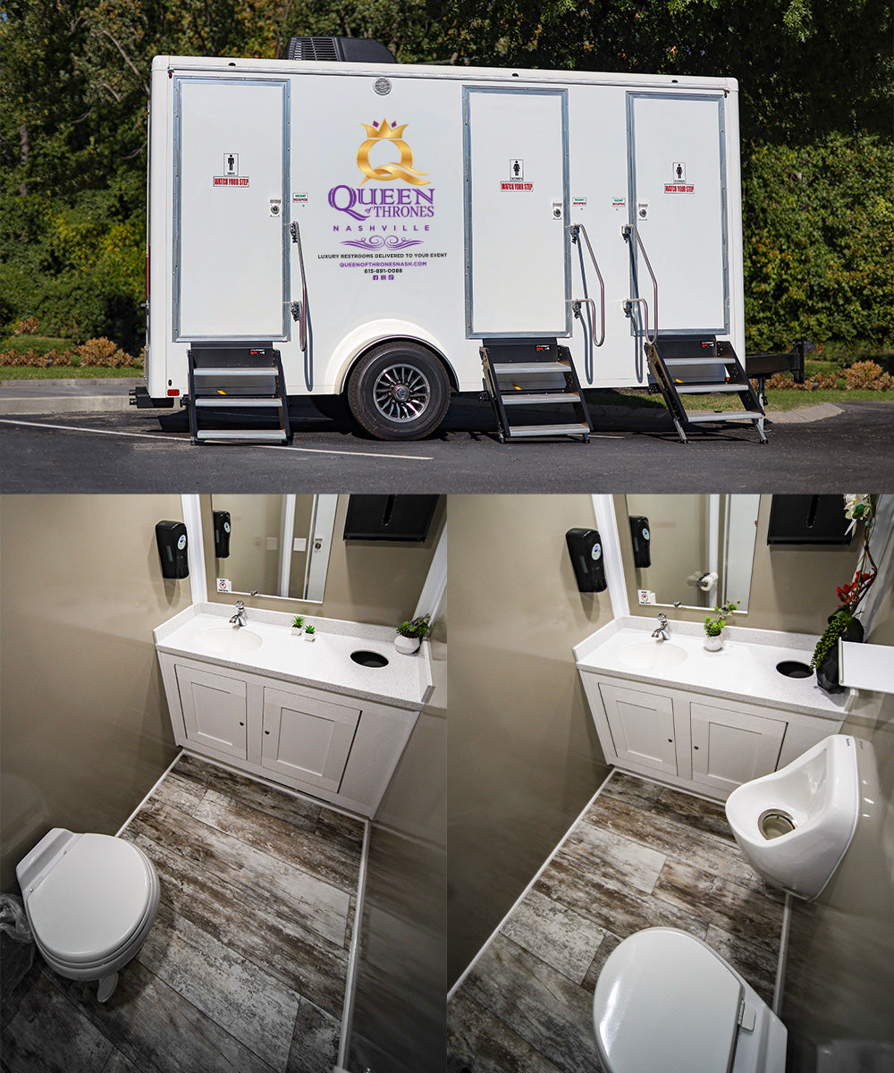 interior and exterior of Queen of Thrones restroom rental trailer